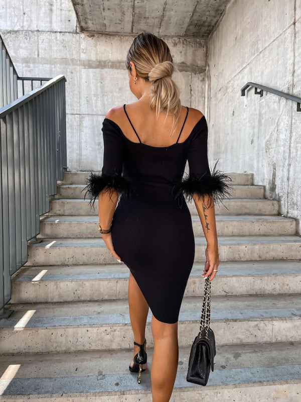 Robe tricotée sexy à manches en fourrure et col une ligne pour femmes
