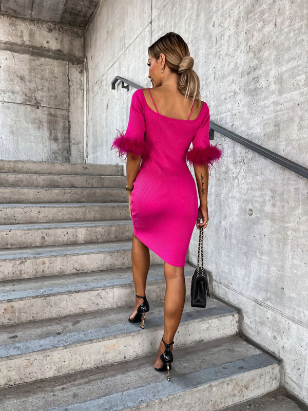 Robe tricotée sexy à manches en fourrure et col une ligne pour femmes