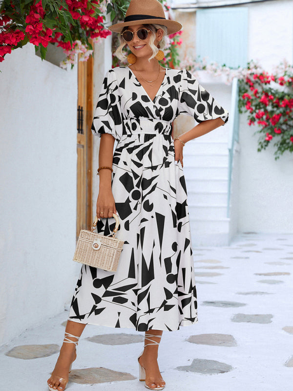 Robe décontractée à manches bouffantes et col en V pour femmes, vacances