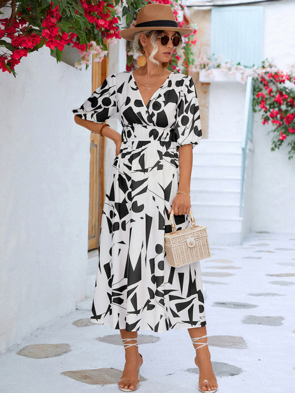 Robe décontractée à manches bouffantes et col en V pour femmes, vacances