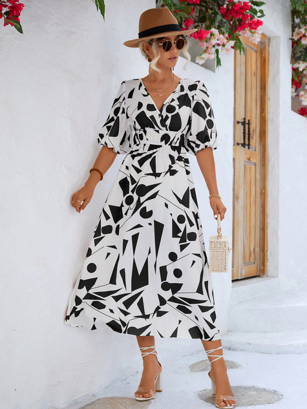 Robe décontractée à manches bouffantes et col en V pour femmes, vacances
