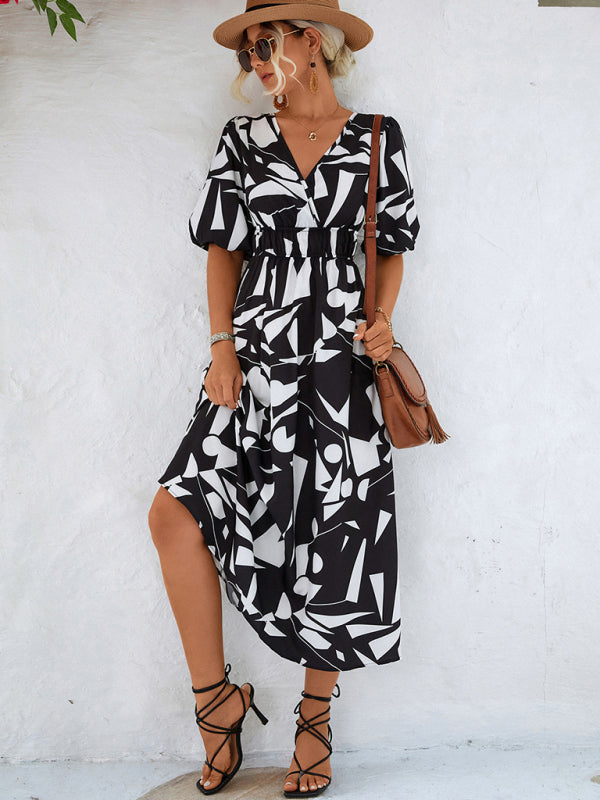 Robe décontractée à manches bouffantes et col en V pour femmes, vacances