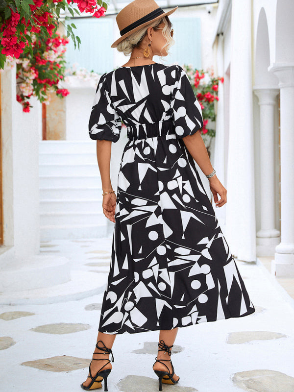 Robe décontractée à manches bouffantes et col en V pour femmes, vacances