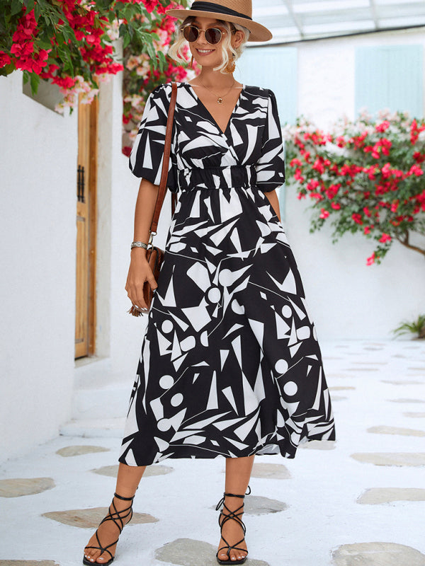 Robe décontractée à manches bouffantes et col en V pour femmes, vacances