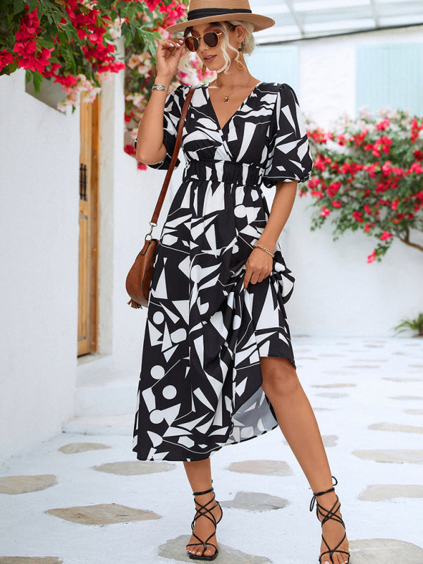 Robe décontractée à manches bouffantes et col en V pour femmes, vacances