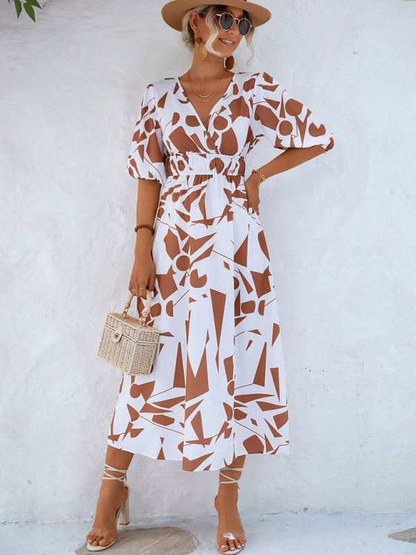 Robe décontractée à manches bouffantes et col en V pour femmes, vacances