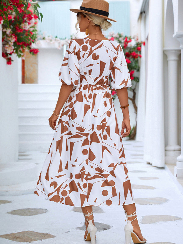 Robe décontractée à manches bouffantes et col en V pour femmes, vacances