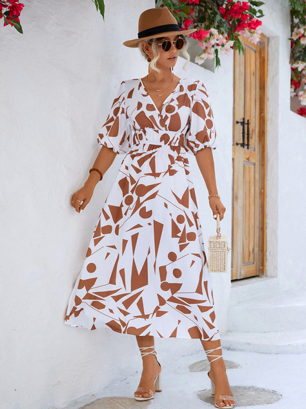 Robe décontractée à manches bouffantes et col en V pour femmes, vacances