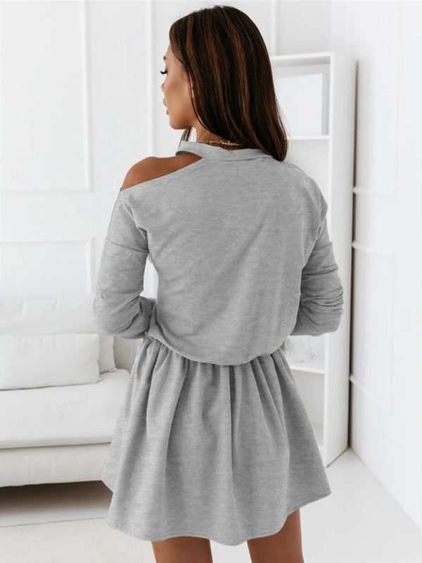 Einfarbiges schulterfreies Langarmkleid für Damen mit Rundhalsausschnitt