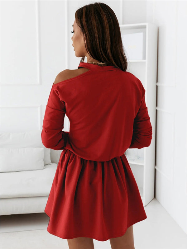 Einfarbiges schulterfreies Langarmkleid für Damen mit Rundhalsausschnitt