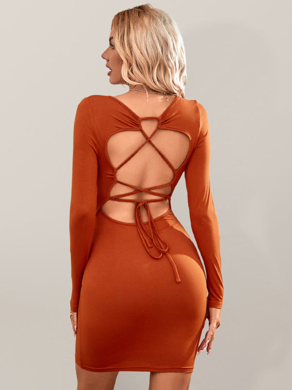 Robe tricotée à manches longues et col carré pour femme, sexy, dos nu, cravate