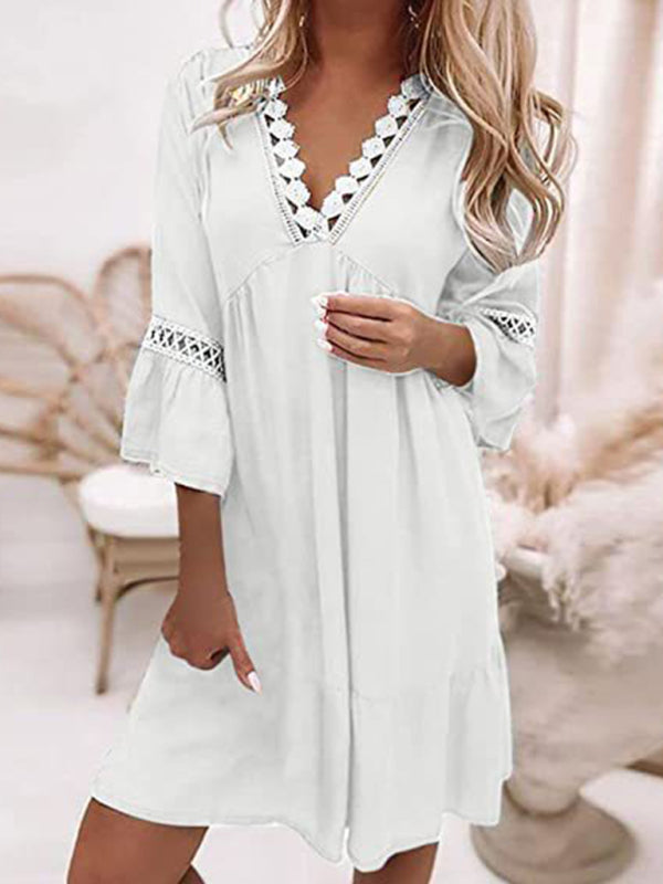 Robe bohème à empiècements en dentelle imprimée, col en V, pour femmes