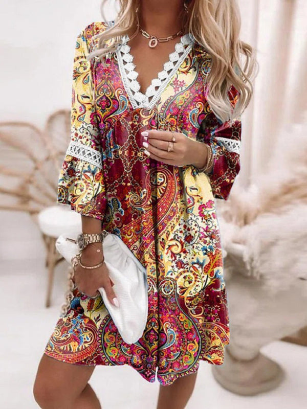 Robe bohème à empiècements en dentelle imprimée, col en V, pour femmes