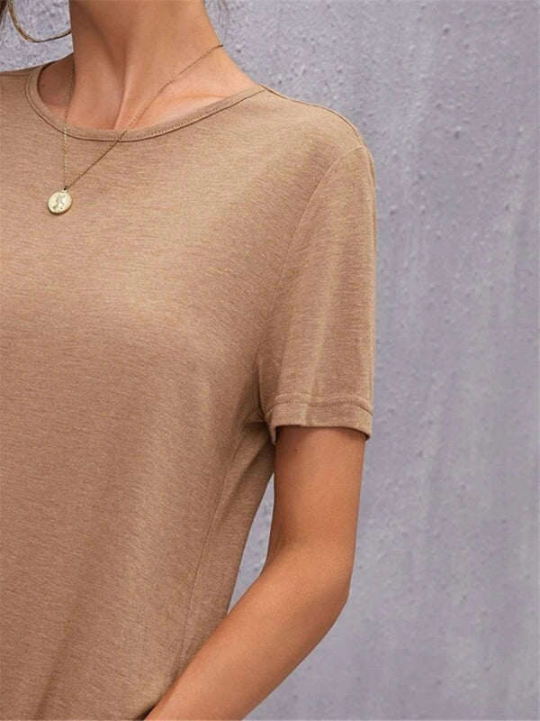 Robe tricotée à manches courtes pour femmes, col rond, jupe mi-longue fendue