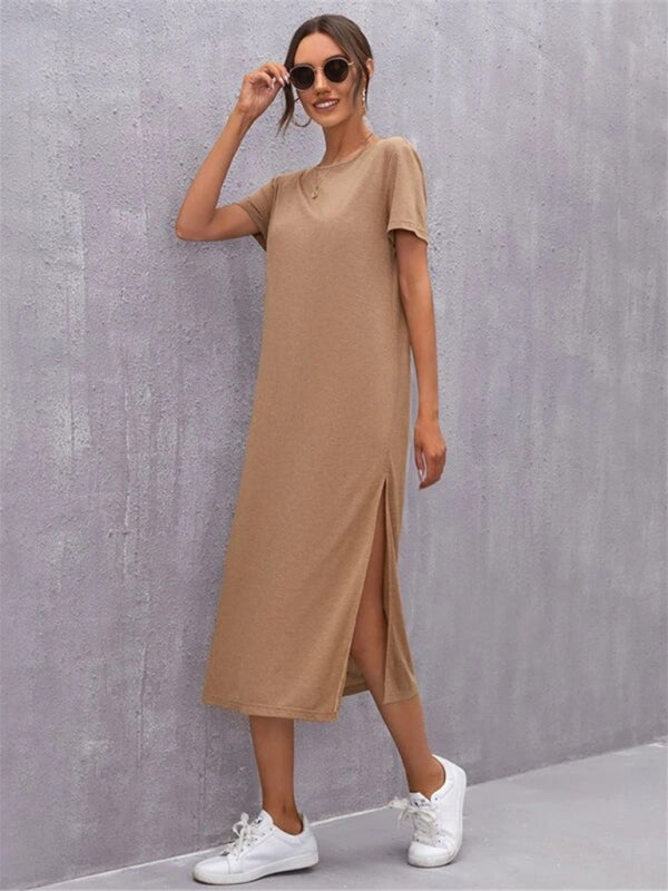 Robe tricotée à manches courtes pour femmes, col rond, jupe mi-longue fendue