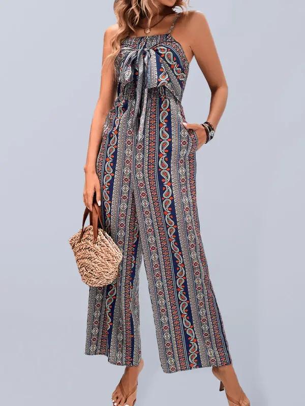 Bohemian ethnic print jumpsuit with halter neck