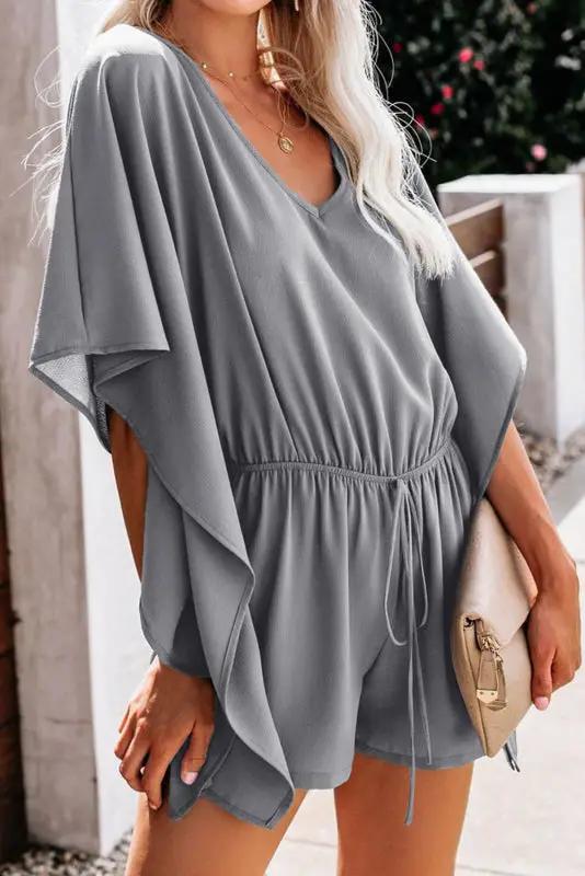 Light gray V-neck high waist tie loose jumpsuit