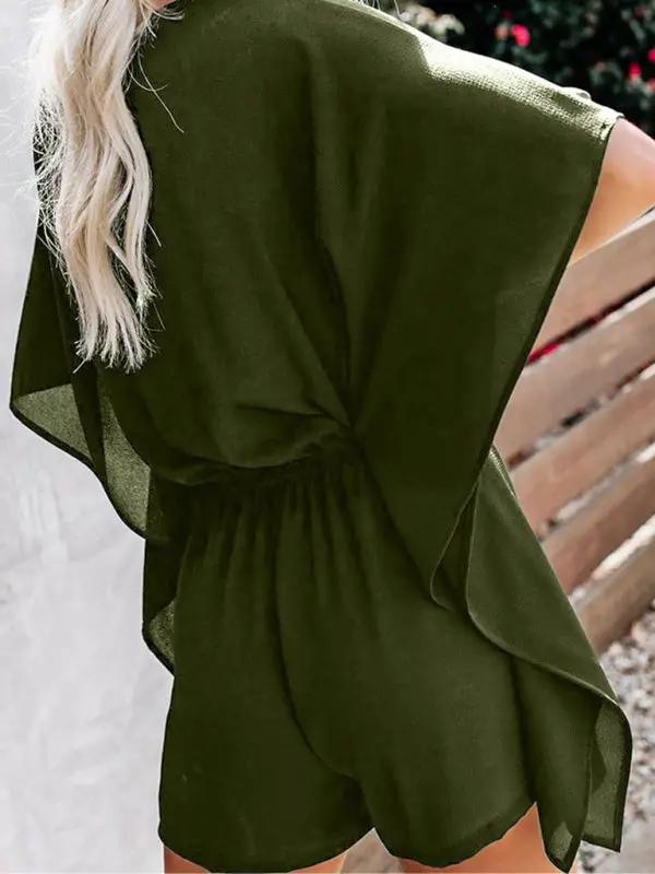 Close-up of olive V-neck high waist jumpsuit