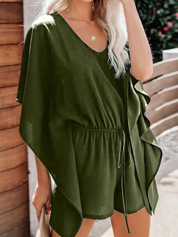 Gray V-neck high waist tie loose jumpsuit