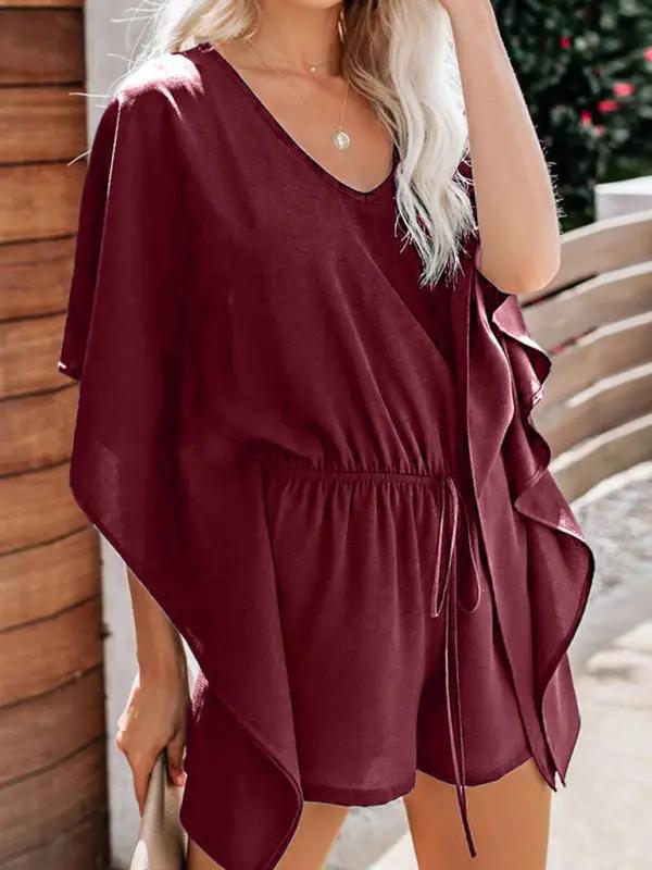 Back view of burgundy V-neck high waist jumpsuit