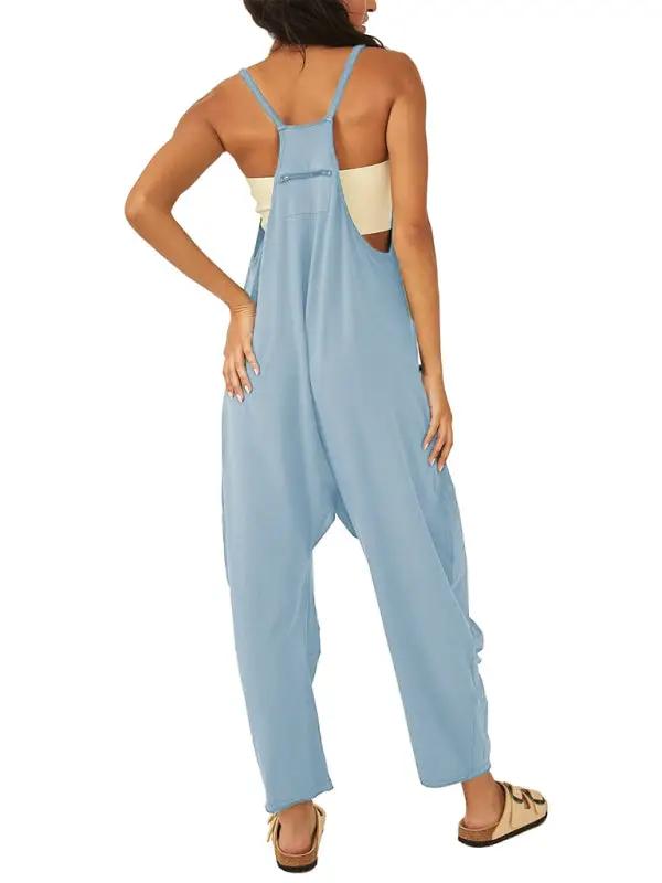 Blue V-neck suspender pocket jumpsuit, back view