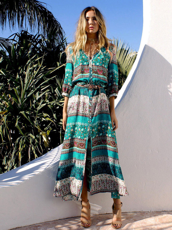 Nouveau Cardigan de vacances bohème simple boutonnage, robe imprimée, jupe longue