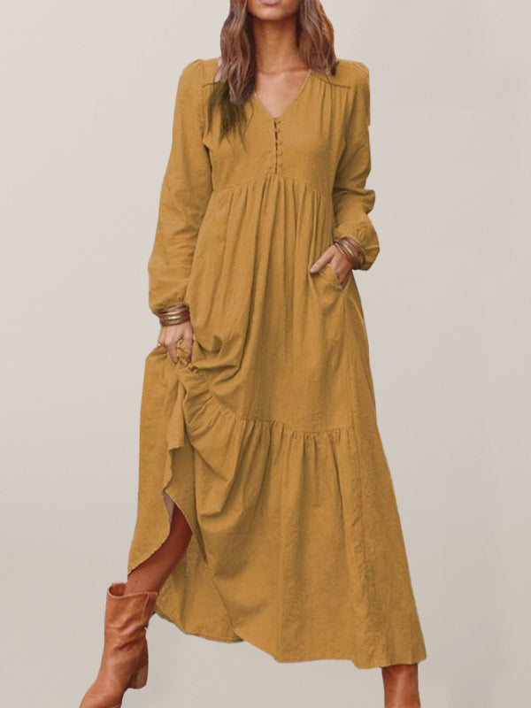 Damen-Knopf-Baumwoll-Leinen-Retro-Casual-Langarm-Big-Swing-Kleid