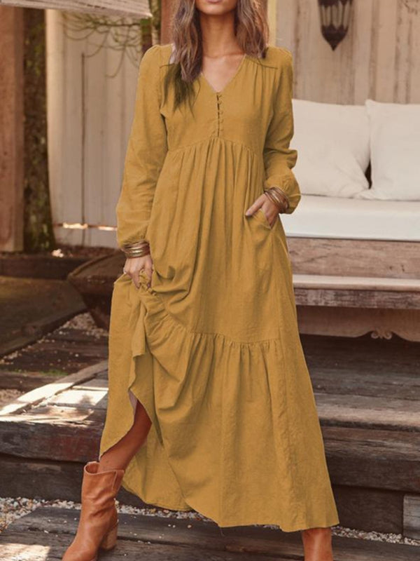 Damen-Knopf-Baumwoll-Leinen-Retro-Casual-Langarm-Big-Swing-Kleid