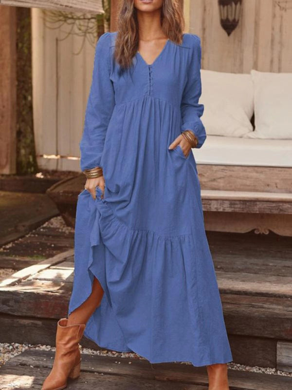Damen-Knopf-Baumwoll-Leinen-Retro-Casual-Langarm-Big-Swing-Kleid