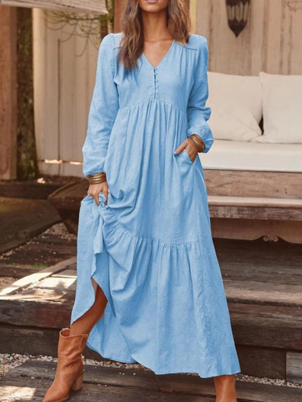 Damen-Knopf-Baumwoll-Leinen-Retro-Casual-Langarm-Big-Swing-Kleid