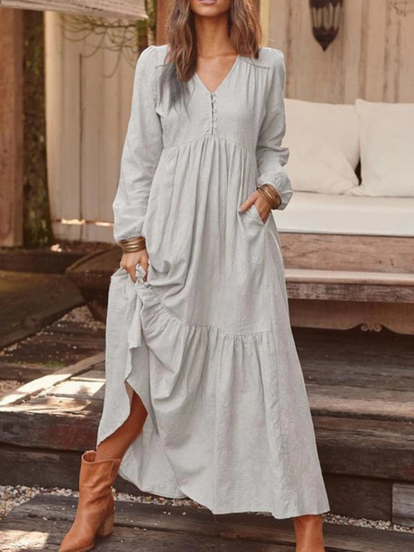 Damen-Knopf-Baumwoll-Leinen-Retro-Casual-Langarm-Big-Swing-Kleid