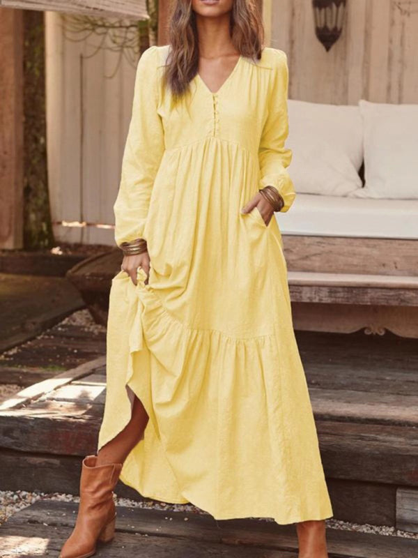 Damen-Knopf-Baumwoll-Leinen-Retro-Casual-Langarm-Big-Swing-Kleid