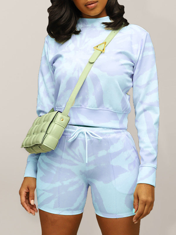 Zweiteiliges Set mit Rundhalsausschnitt, Pullover mit Batikmuster und langen Ärmeln für Damen + Shorts