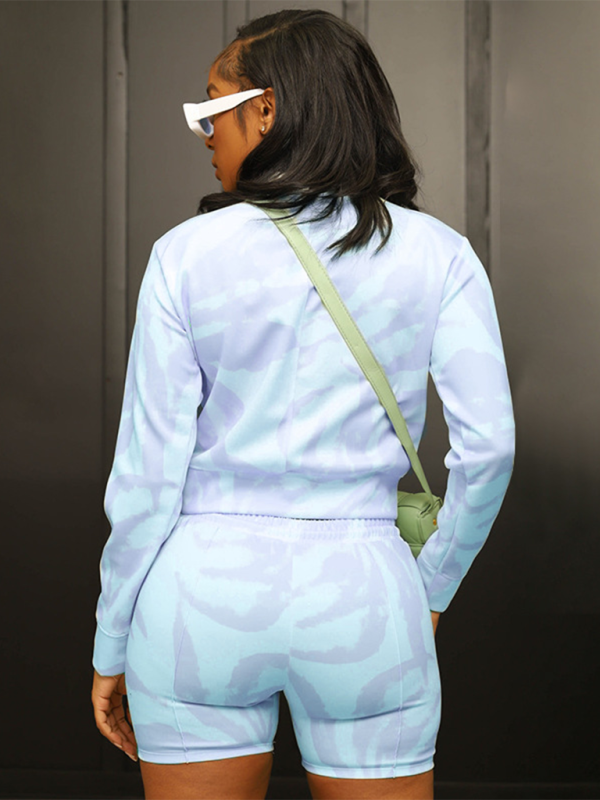 Zweiteiliges Set mit Rundhalsausschnitt, Pullover mit Batikmuster und langen Ärmeln für Damen + Shorts