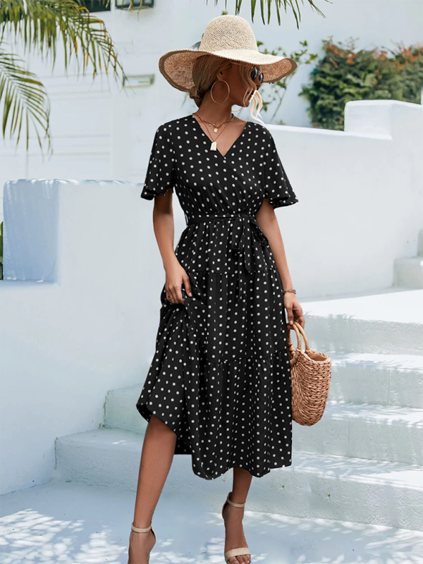 Robe midi à manches courtes et imprimé à pois pour femmes