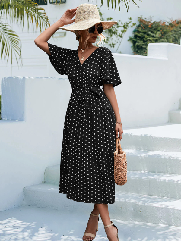 Robe midi à manches courtes et imprimé à pois pour femmes