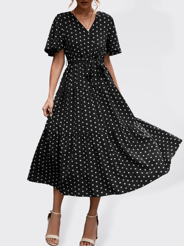 Robe midi à manches courtes et imprimé à pois pour femmes