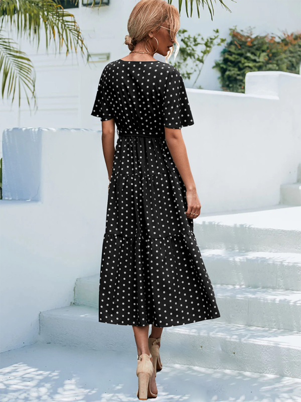 Robe midi à manches courtes et imprimé à pois pour femmes