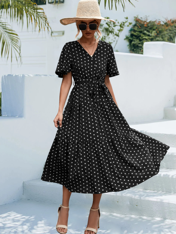 Robe midi à manches courtes et imprimé à pois pour femmes