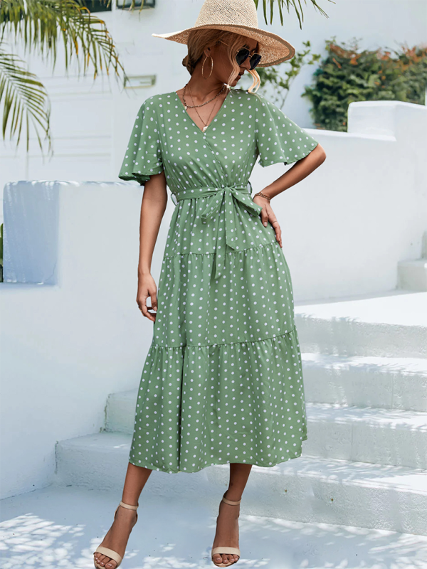 Robe midi à manches courtes et imprimé à pois pour femmes