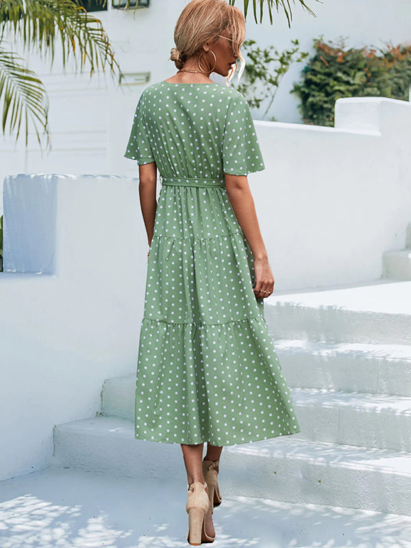 Robe midi à manches courtes et imprimé à pois pour femmes