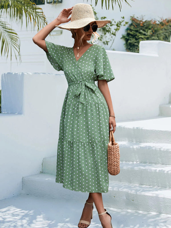 Robe midi à manches courtes et imprimé à pois pour femmes