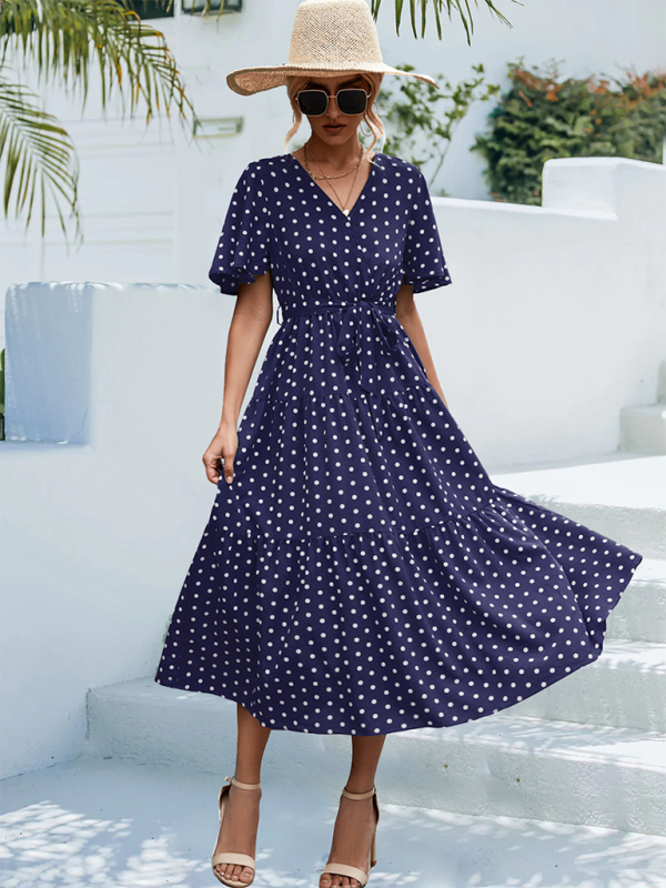 Robe midi à manches courtes et imprimé à pois pour femmes