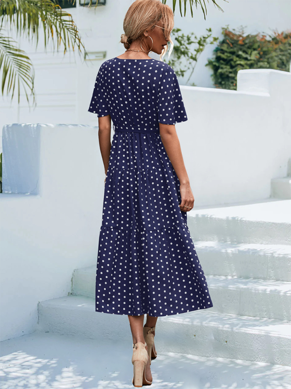 Robe midi à manches courtes et imprimé à pois pour femmes