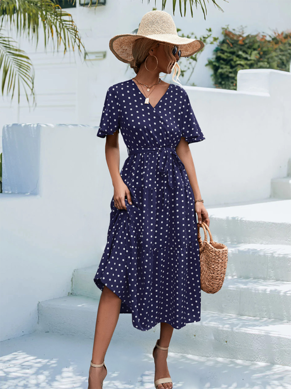 Robe midi à manches courtes et imprimé à pois pour femmes