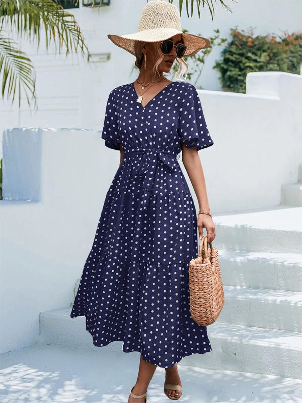 Robe midi à manches courtes et imprimé à pois pour femmes