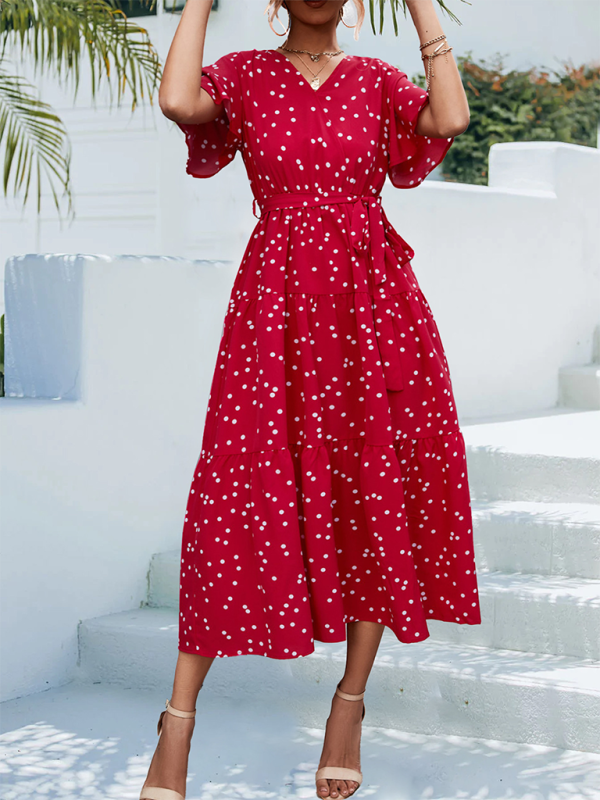 Robe midi à manches courtes et imprimé à pois pour femmes