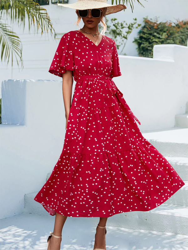 Robe midi à manches courtes et imprimé à pois pour femmes