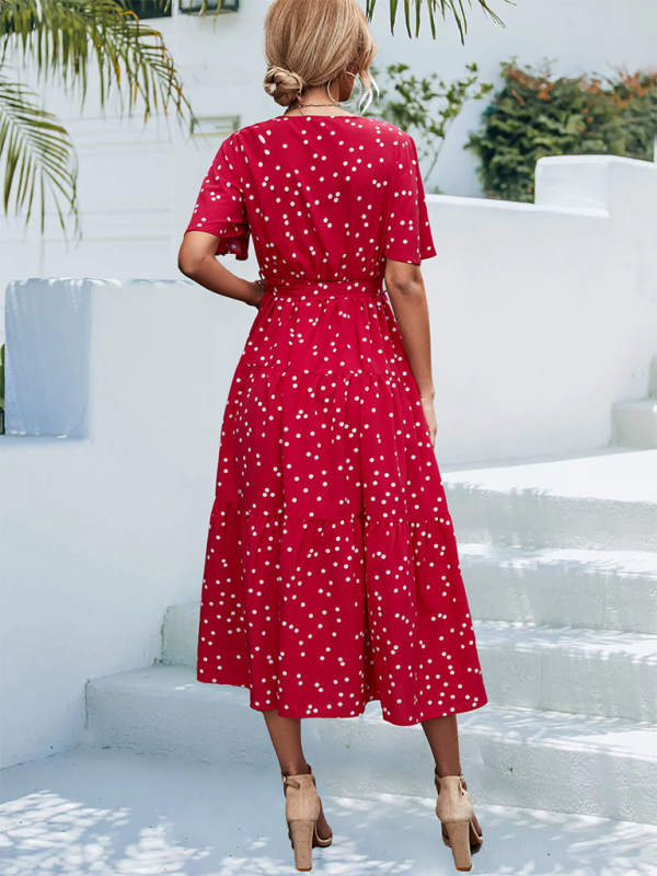 Robe midi à manches courtes et imprimé à pois pour femmes