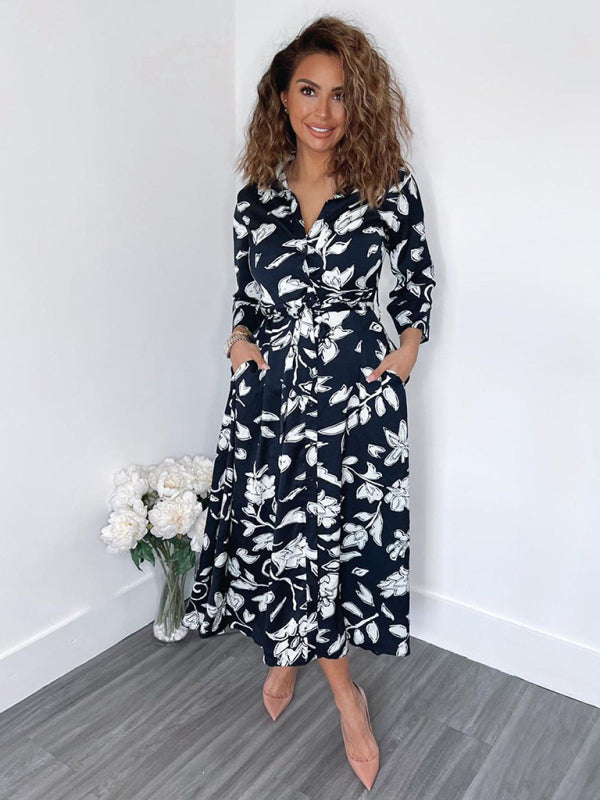 Robe chemise mi-longue décontractée à manches courtes imprimées pour femmes